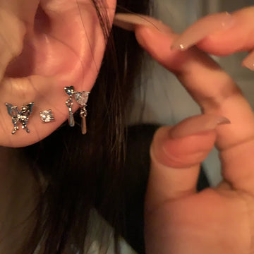 DAIIIBABYYY  -  6Pcs/set Women Silver Color Rhinestone Butterfly Stud Earrings Y2K Korean Fashion Punk Earring Stud Jewelry Sets Gift